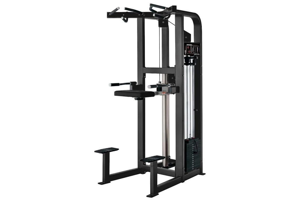 Hammer Strength Select Assist Dip Chin machine with black frame, pull-down bar, footrest, and weight stack on white backgroun