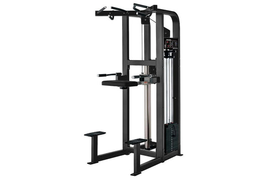 Hammer Strength Select Assist Dip Chin machine with black frame, pull-down bar, footrest, and weight stack on white backgroun