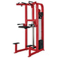 Red commercial chest dip and chin assist machine with black handles, foot platform, and weight stack on white background
