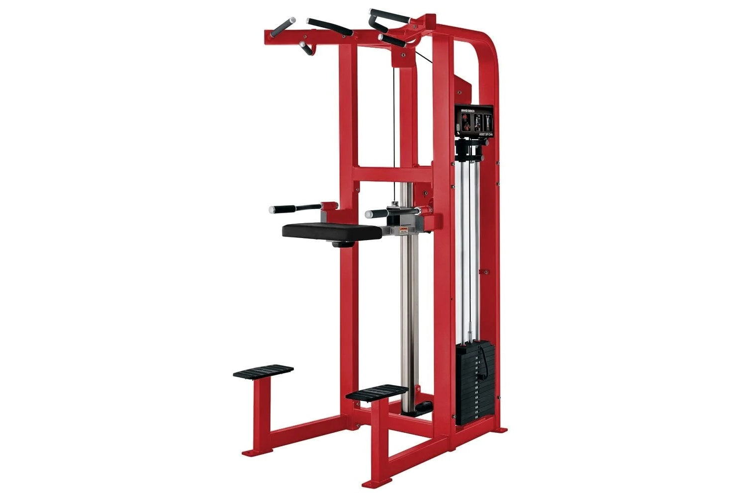 Red commercial chest dip and chin assist machine with black handles, foot platform, and weight stack on white background