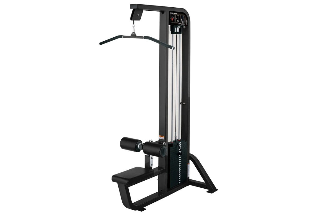 Black Hammer Strength Select lat pulldown machine with chrome column, overhead pull bar, and padded seat on white background