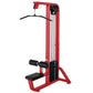 Red Hammer Strength Select lat pulldown machine with black handles, seat, and weight stack on white background