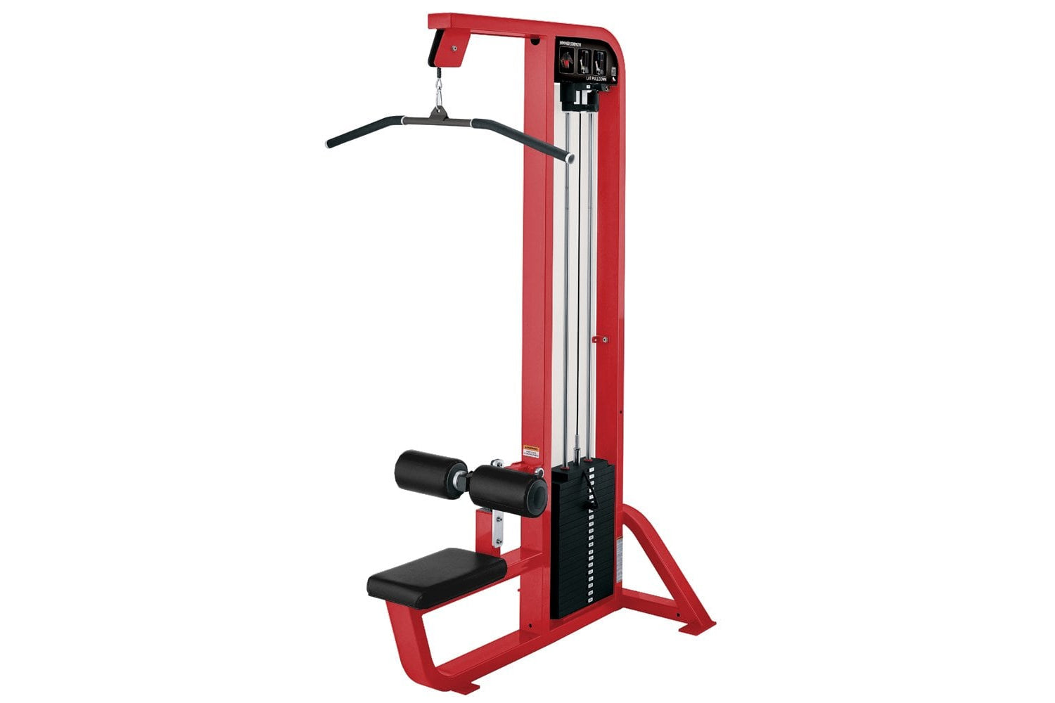 Red Hammer Strength Select lat pulldown machine with black handles, seat, and weight stack on white background