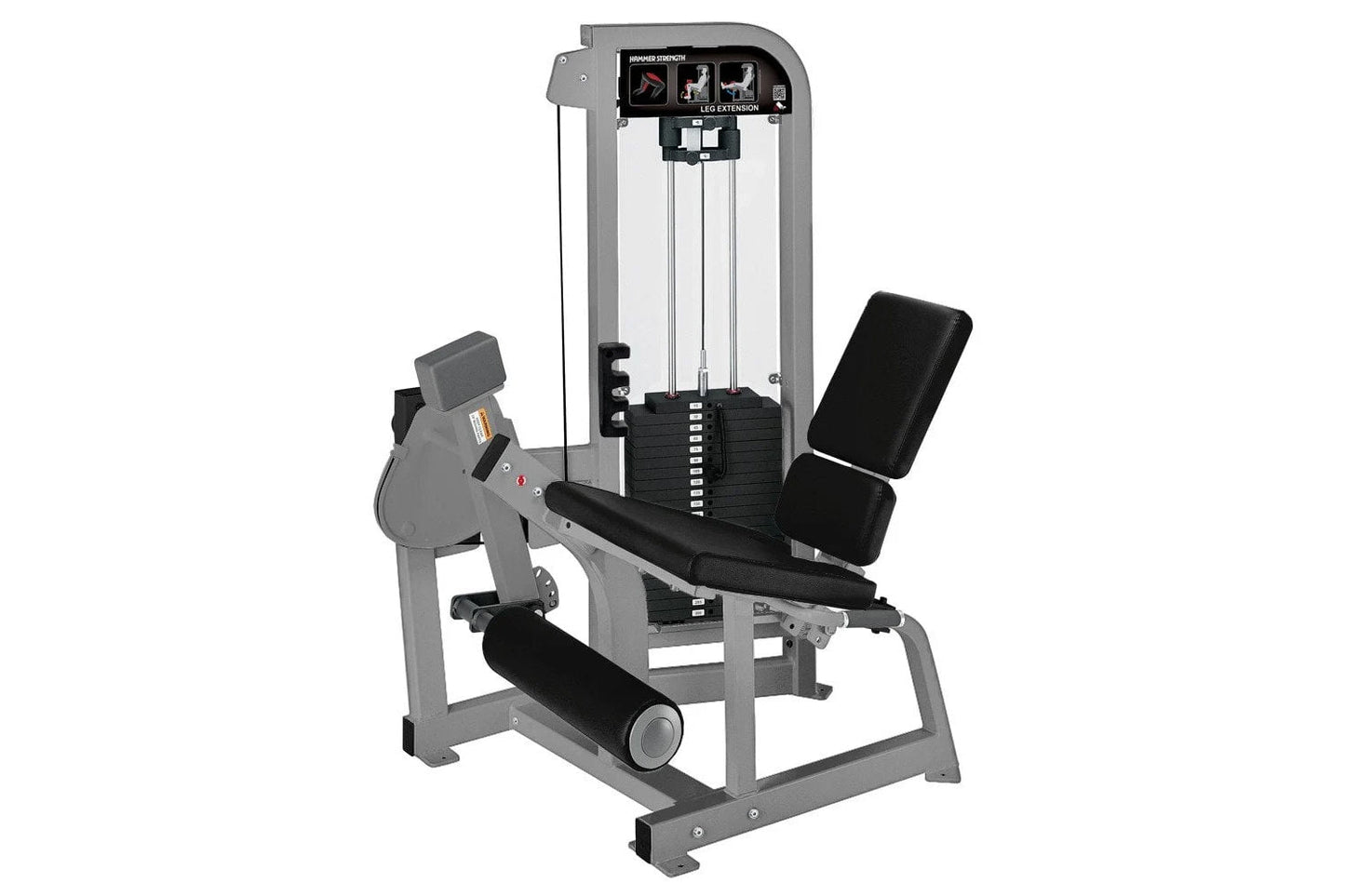 Hammer Strength Select Leg Extension machine with gray frame, black padded seat and leg rest, weight stack visible on white b