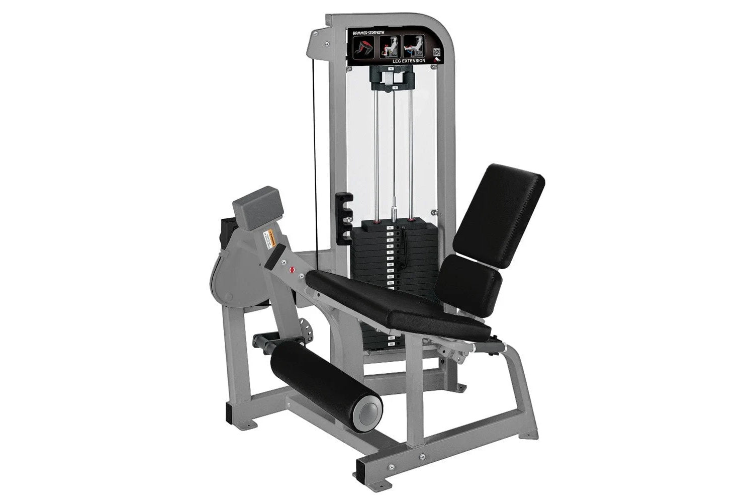 Hammer Strength Select Leg Extension machine with gray frame, black padded seat and leg rest, weight stack visible on white b