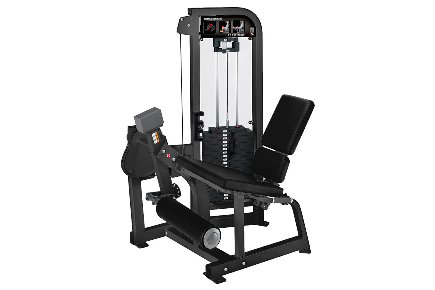 Hammer Strength Select black leg extension machine with padded seat and leg rest, displayed on white background