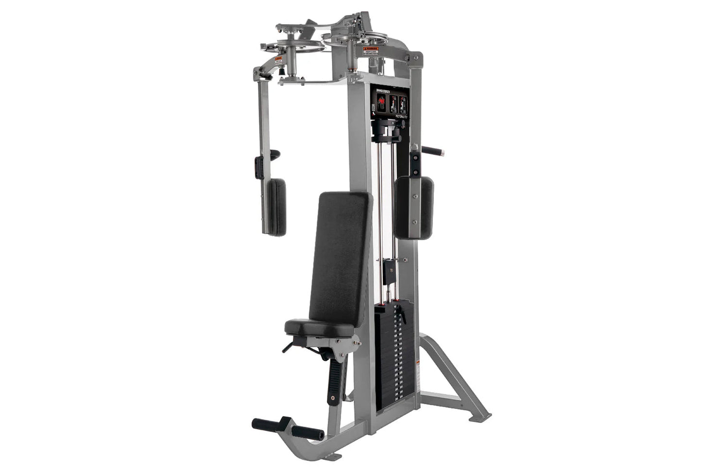 Hammer Strength Select Pectoral Fly machine with gray frame, black seat and footrest, dual handles, and weight stack on white