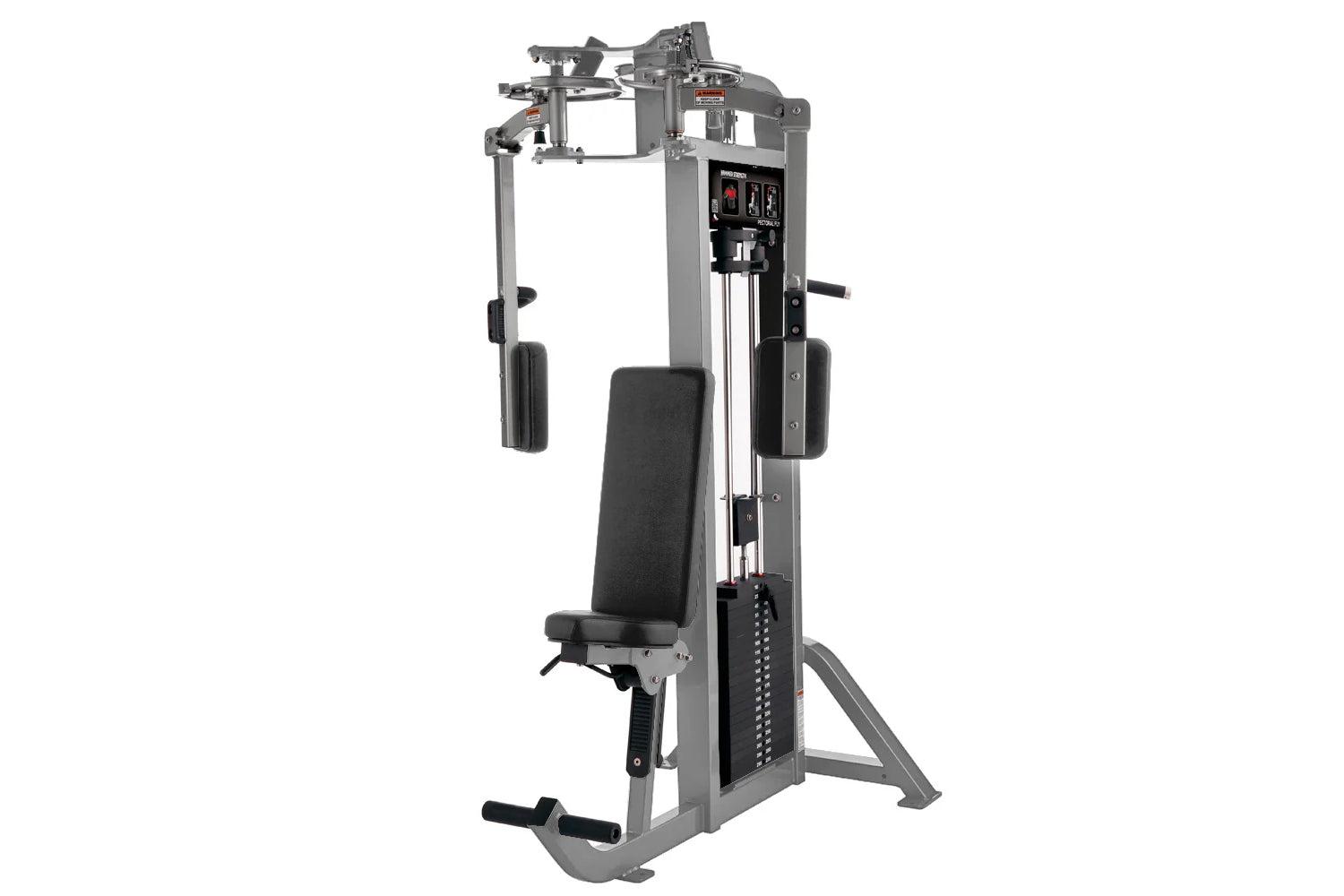 Hammer Strength Select Pectoral Fly machine with gray frame, black seat and footrest, dual handles, and weight stack on white