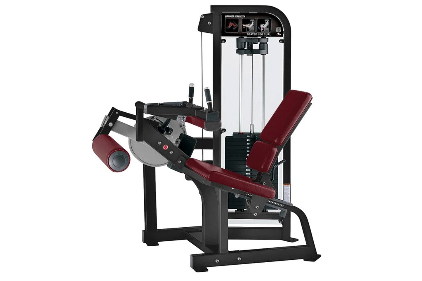 Hammer Strength Select Seated Leg Curl machine with burgundy padded seat and leg extension, black frame, and weight stack on 