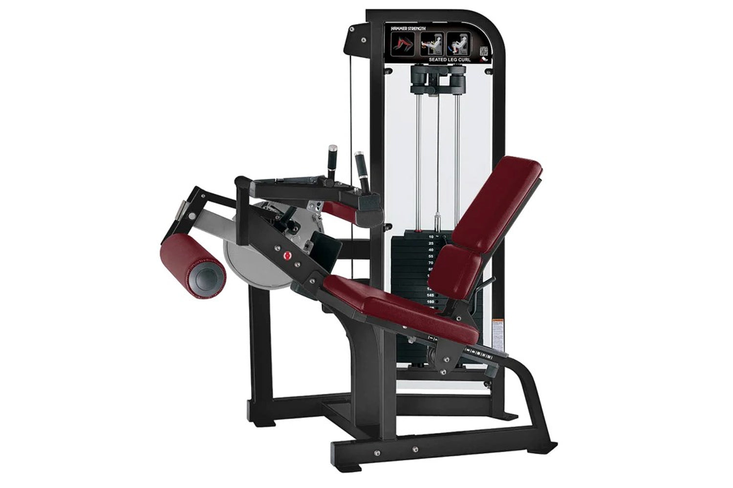 Hammer Strength Select Seated Leg Curl machine with burgundy padded seat and leg extension, black frame, and weight stack on 