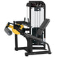 Hammer Strength Select Seated Leg Curl machine with black frame, yellow accents, padded seat, and digital display on white ba
