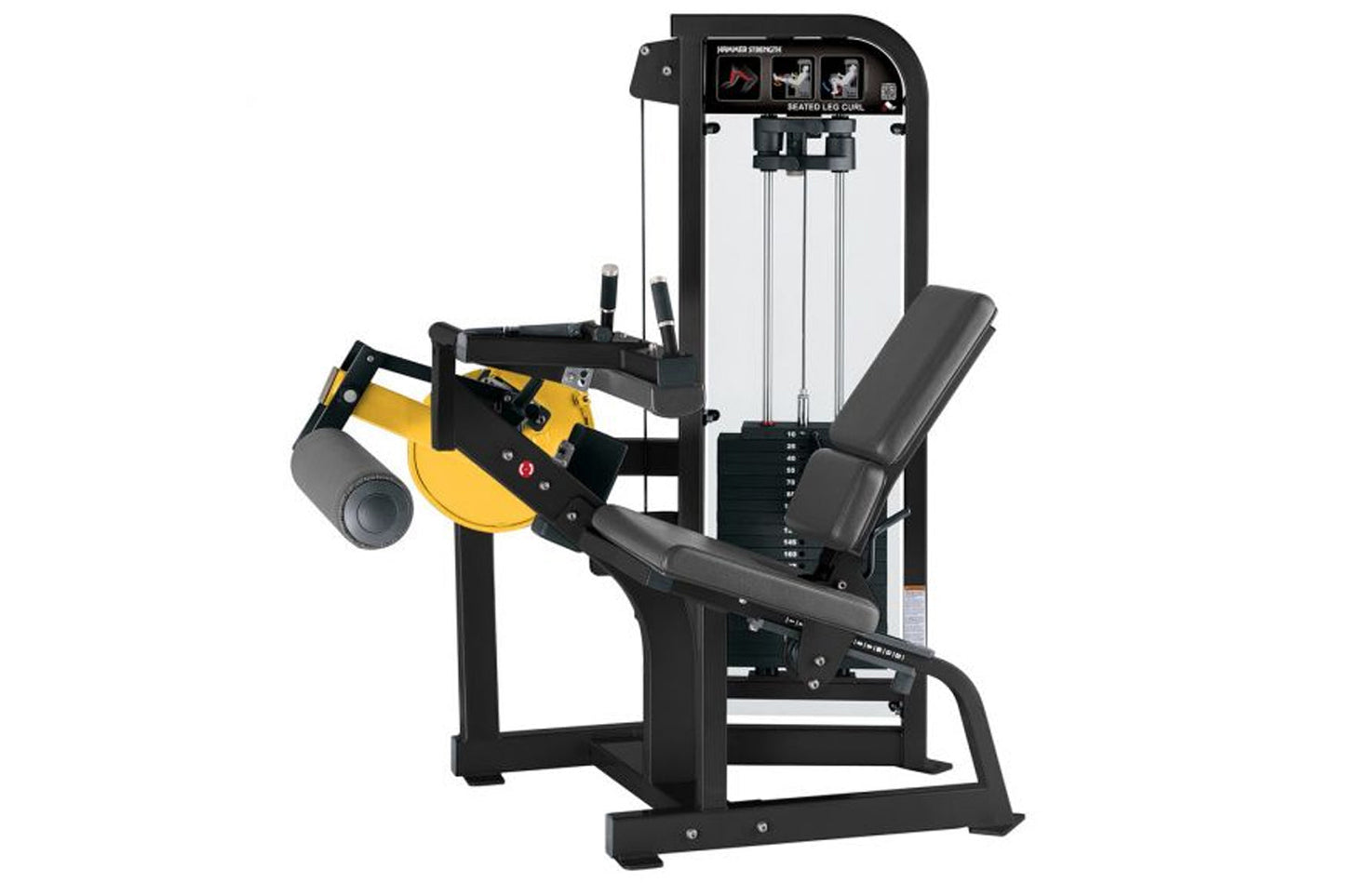 Hammer Strength Select Seated Leg Curl machine with black frame, yellow accents, padded seat, and digital display on white ba