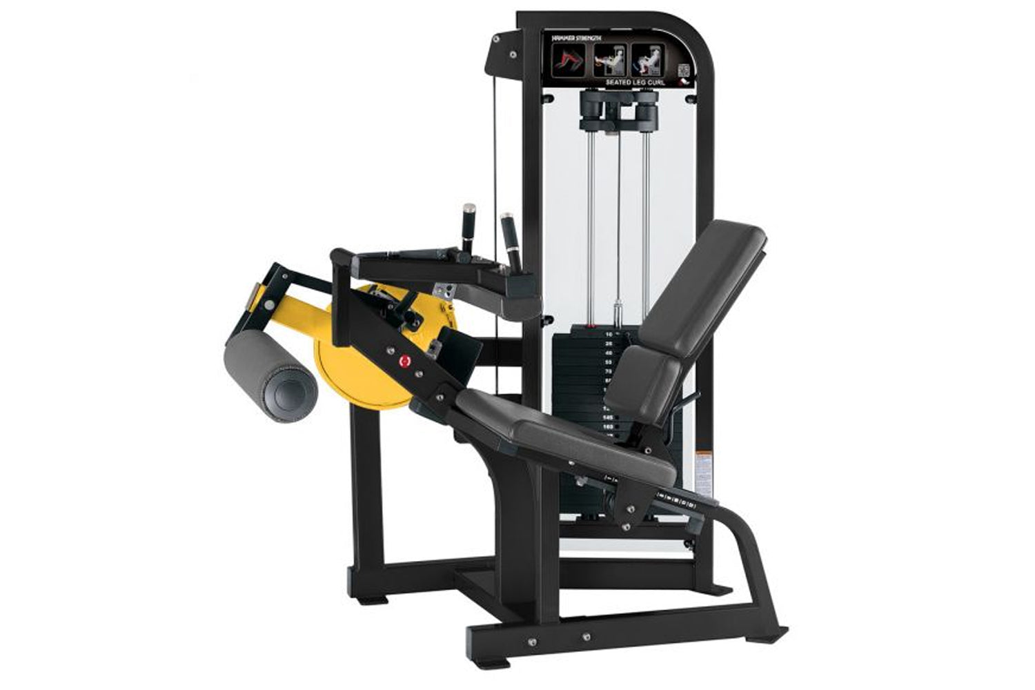 Hammer Strength Select Seated Leg Curl machine with black frame, yellow accents, padded seat, and digital display on white ba