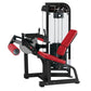Hammer Strength Select Seated Leg Curl machine with black frame, red padded seat and leg extension, weight stack on white bac