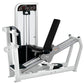 Hammer Strength Select Seated Leg Press machine with white frame, black seat pad, and digital control panel on white backgrou