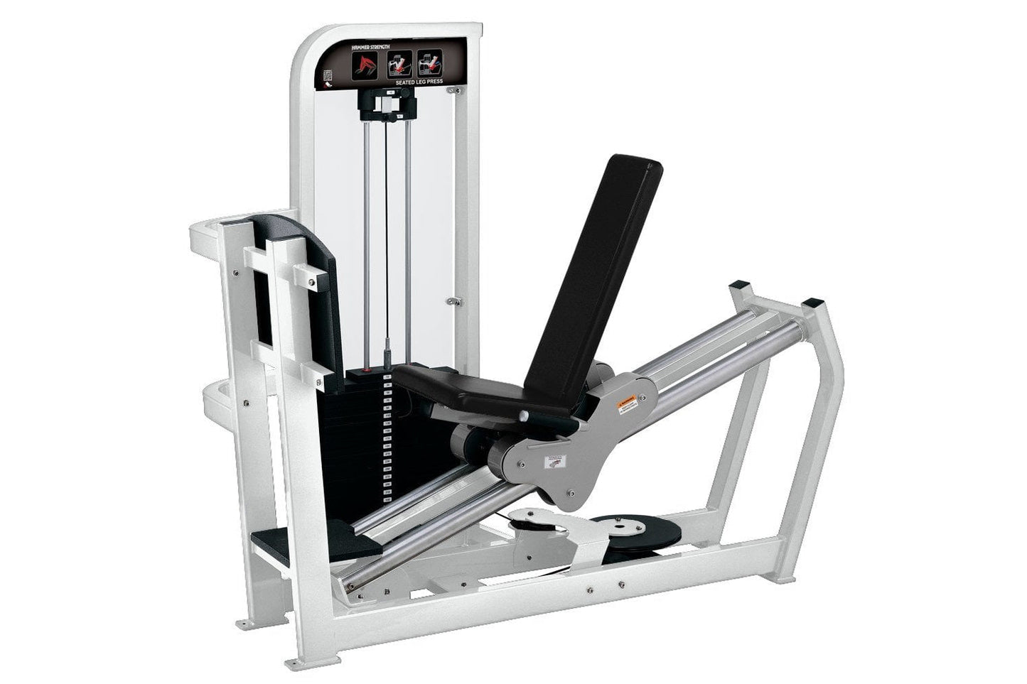 Hammer Strength Select Seated Leg Press machine with white frame, black seat pad, and digital control panel on white backgrou