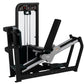 Hammer Strength Select Seated Leg Press machine with black frame, silver metallic rails, and cushioned seat pad on white back