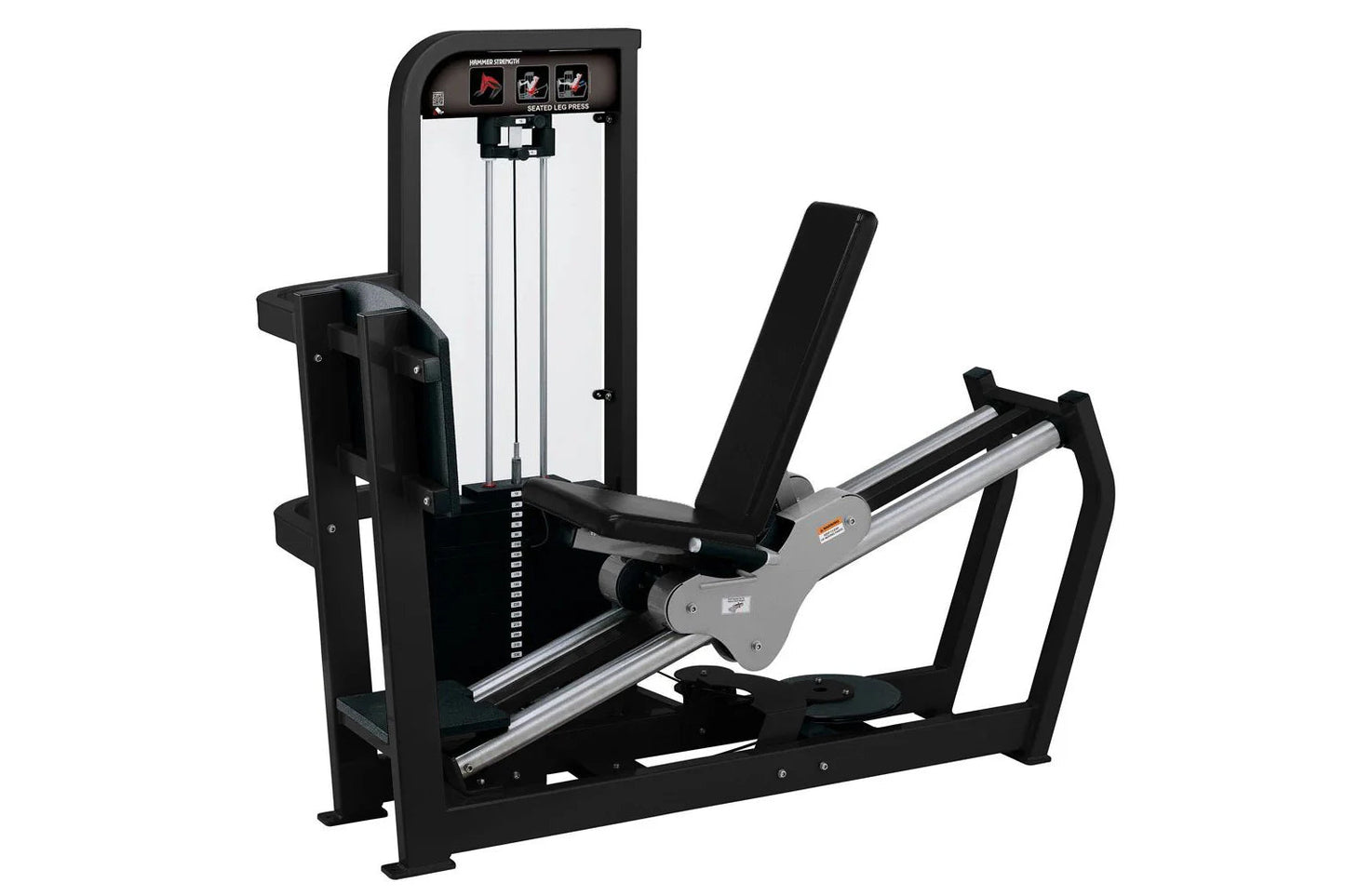 Hammer Strength Select Seated Leg Press machine with black frame, silver metallic rails, and cushioned seat pad on white back
