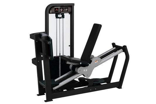 Hammer Strength Select Seated Leg Press machine with black frame, silver metallic rails, and cushioned seat pad on white back