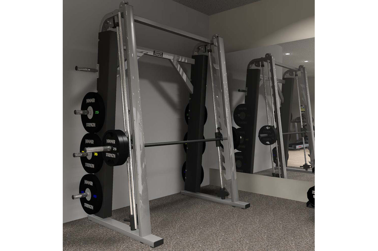Hammer Strength Smith Machine with silver frame, black weight plates, and horizontal barbell in gym setting