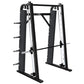 Hammer Strength Smith Machine with black frame, white guide rods, and adjustable barbell on white background