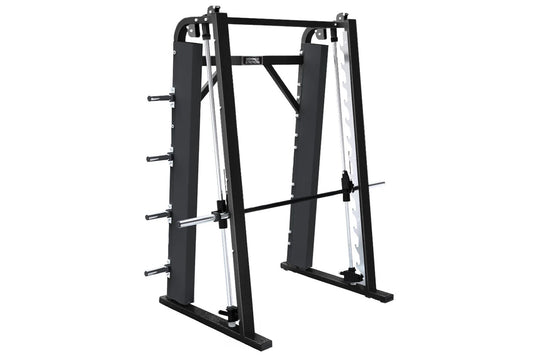 Hammer Strength Smith Machine with black frame, white guide rods, and adjustable barbell on white background