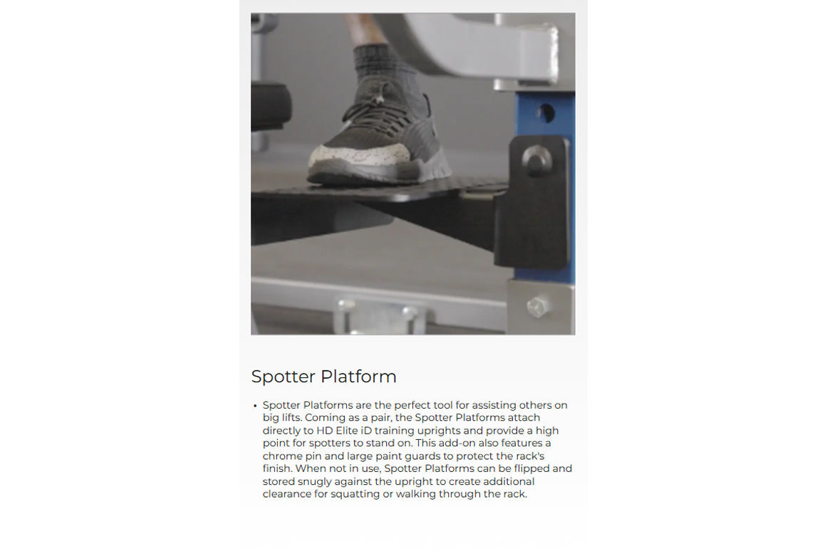 Sneaker with gray and white colorway resting on black Spotter Platform attachment during demonstration