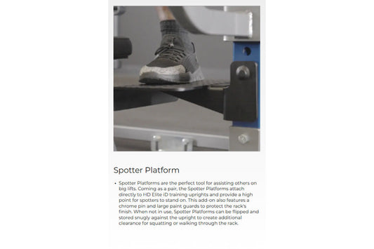 Sneaker with gray and white colorway resting on black Spotter Platform attachment during demonstration