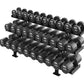 Hammer Strength three-tier black dumbbell rack holding numbered dumbbells ranging from 30 to 175 pounds on white background