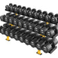 Hammer Strength three tier dumbbell rack with black and gray dumbbells ranging from 30 to 175 pounds, yellow support stands, 