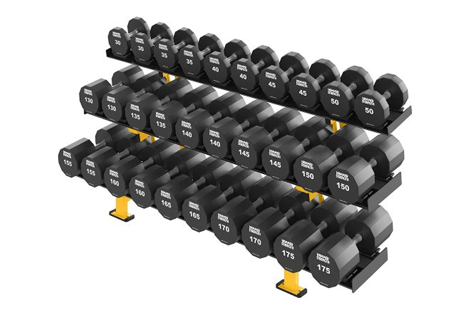 Hammer Strength three tier dumbbell rack with black and gray dumbbells ranging from 30 to 175 pounds, yellow support stands, 
