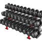 Three-tier dumbbell rack with black rubber coated dumbbells ranging from 30 to 175 pounds, red base support, on white backgro