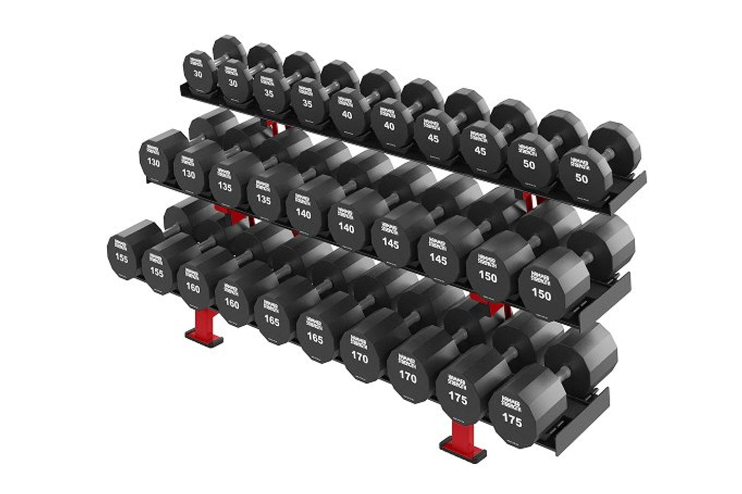 Three-tier dumbbell rack with black rubber coated dumbbells ranging from 30 to 175 pounds, red base support, on white backgro