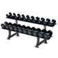 Two-tier black dumbbell rack holding numbered dumbbells ranging from 5 to 50 pounds, displayed on white background