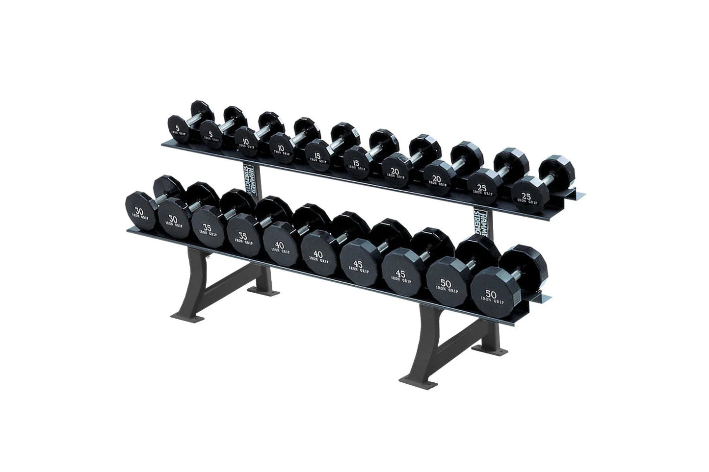 Two-tier black dumbbell rack holding numbered dumbbells ranging from 5 to 50 pounds, displayed on white background