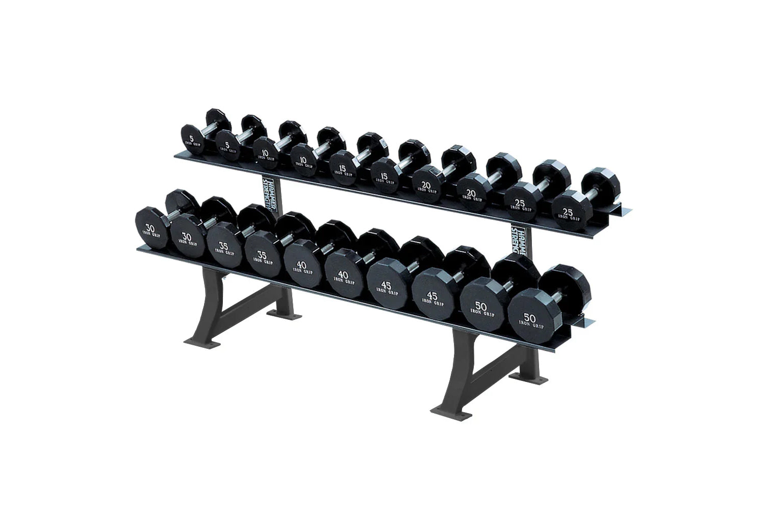Two-tier black dumbbell rack holding numbered dumbbells ranging from 5 to 50 pounds, displayed on white background