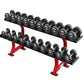 Two-tier dumbbell rack with red frame holding black dumbbells ranging from 5 to 50 pounds on white background