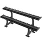 Two-tier black dumbbell rack with spiked platforms and sturdy support frame on white background