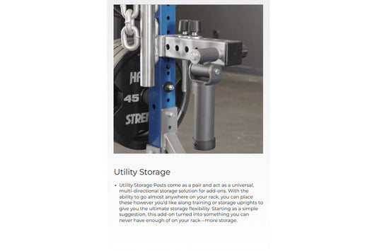 Hammer Strength utility storage post attachment with stainless steel clamp mounted on blue upright rack beside weight plate