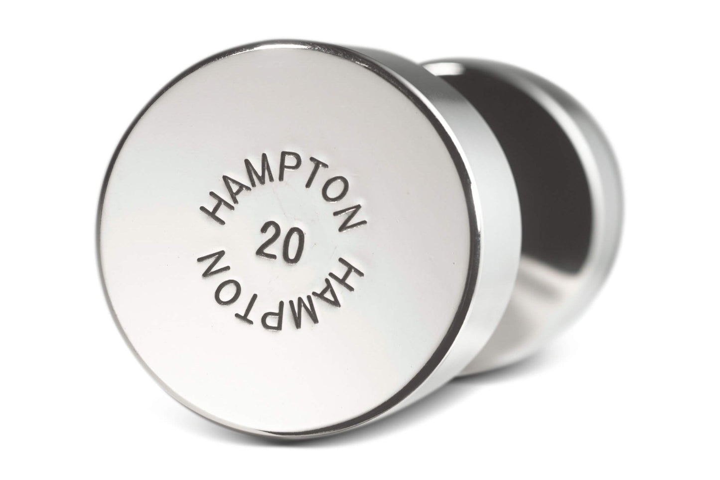 Chrome dumbbell weight with contoured grip handle and Hampton 20 marking on end cap