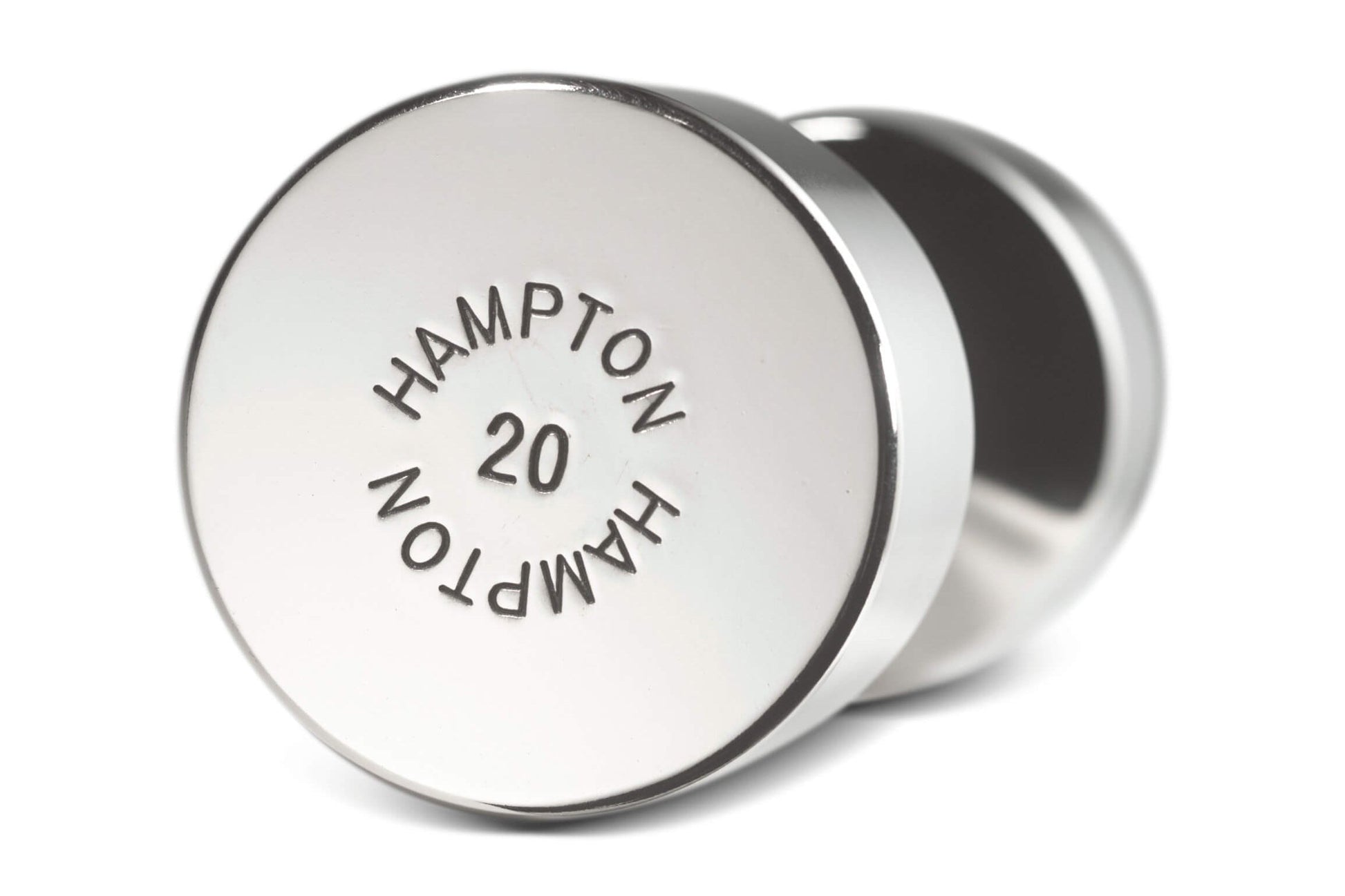 Chrome dumbbell weight with contoured grip handle and Hampton 20 marking on end cap