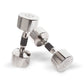 Pair of chrome dumbbells with black contoured grips and cylindrical weights on white background