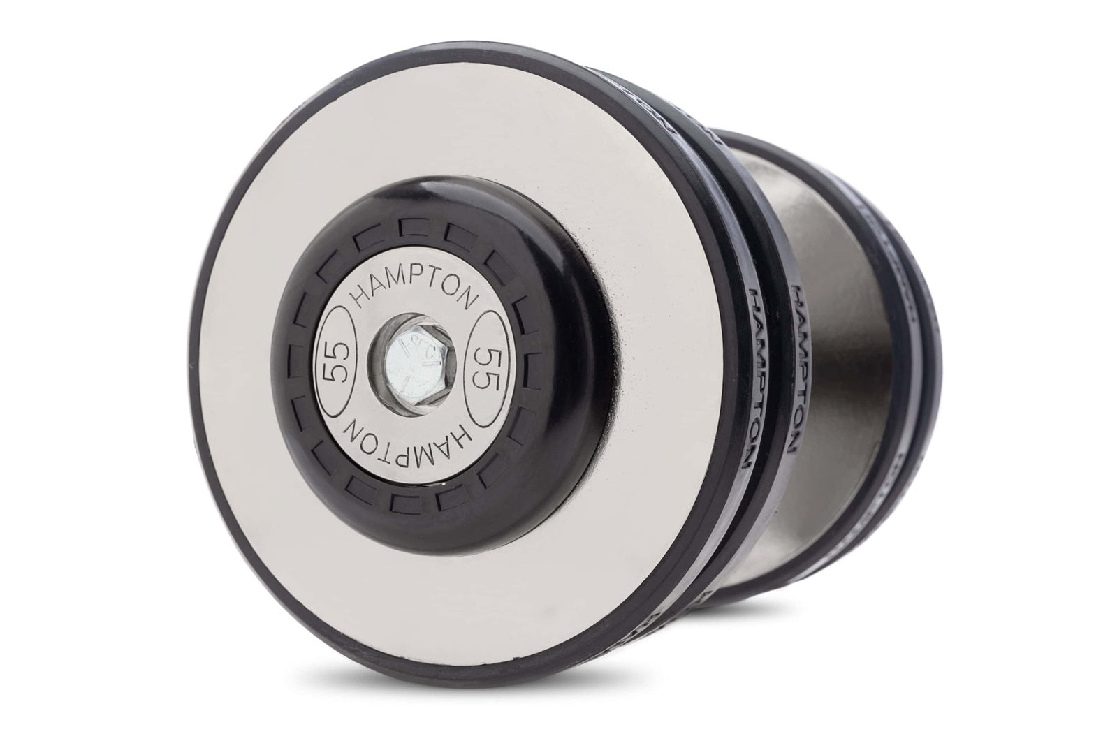 Black and chrome pro-style dumbbell with 55-pound weight marking and Hampton branding on white background