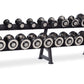 Two-tier black dumbbell rack holding 20 pairs of eclipse pro-style dumbbells with silver and black weight plates on white bac