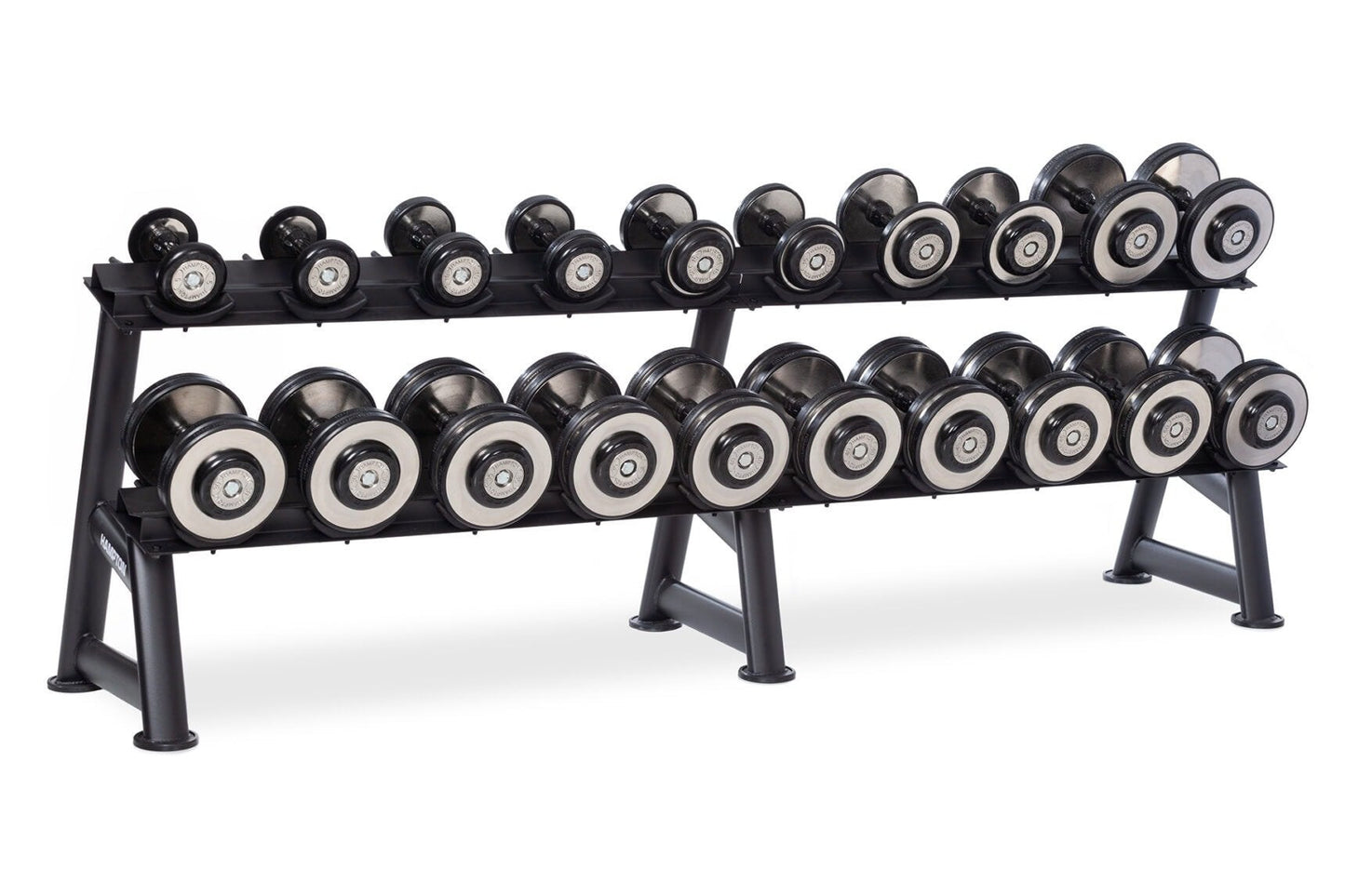 Two-tier black dumbbell rack holding 20 pairs of eclipse pro-style dumbbells with silver and black weight plates on white bac