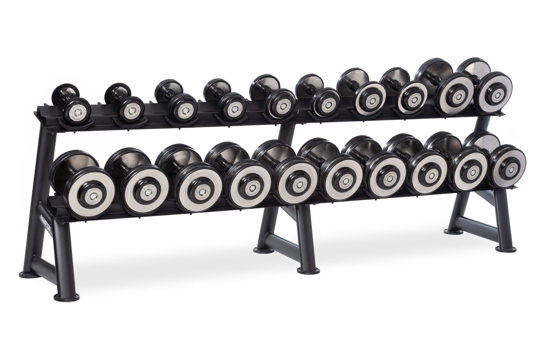 Two-tier black dumbbell rack holding 20 pairs of eclipse pro-style dumbbells with silver and black weight plates on white bac