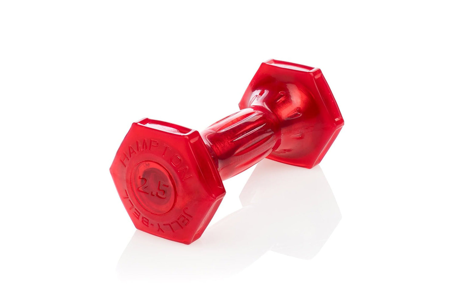 Red hexagonal urethane dumbbell with 2.5 weight marking, shown as pair on white background