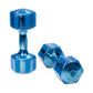 Blue translucent urethane dumbbells with hexagonal heads, displayed as a pair and single dumbbell on white background