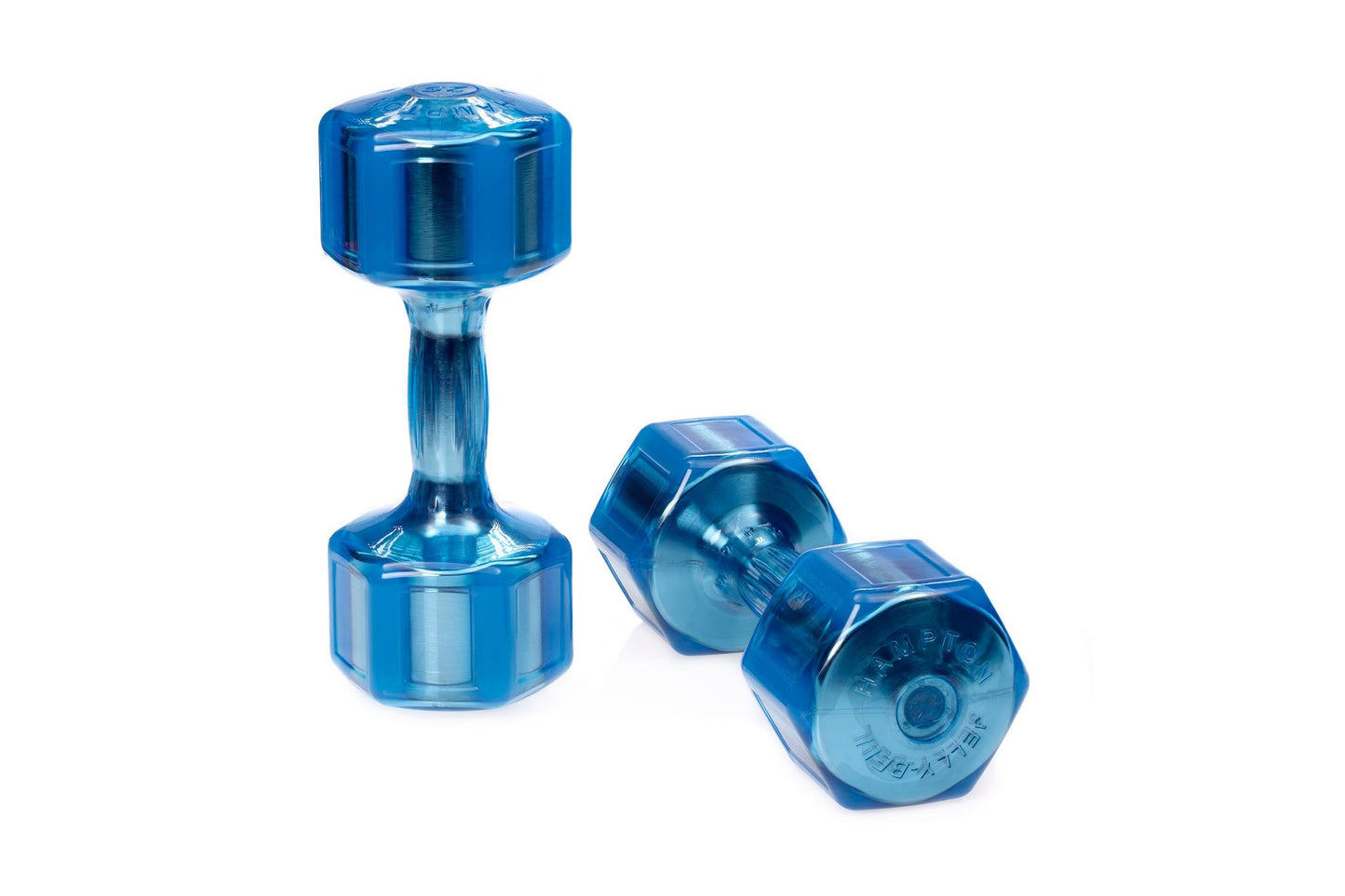 Blue translucent urethane dumbbells with hexagonal heads, displayed as a pair and single dumbbell on white background