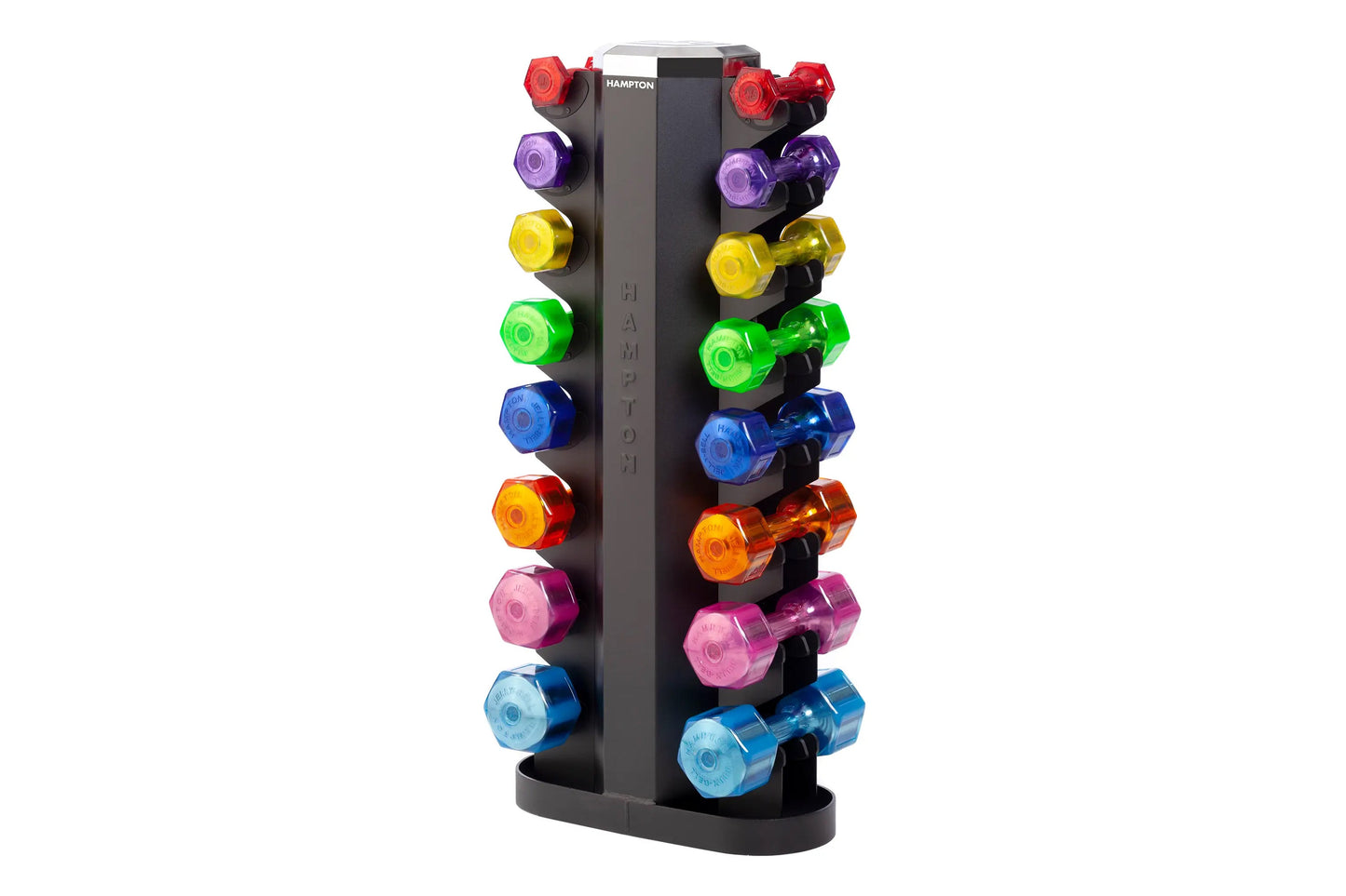 Hampton Jelly-Bell urethane aerobic dumbbell set with colorful hexagonal weights in red, purple, yellow, green, blue, orange,